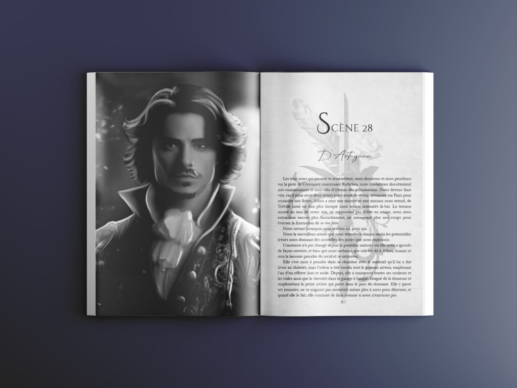 Exemple de mise en page artistique de roman avec un design éditorial élégant et historique
