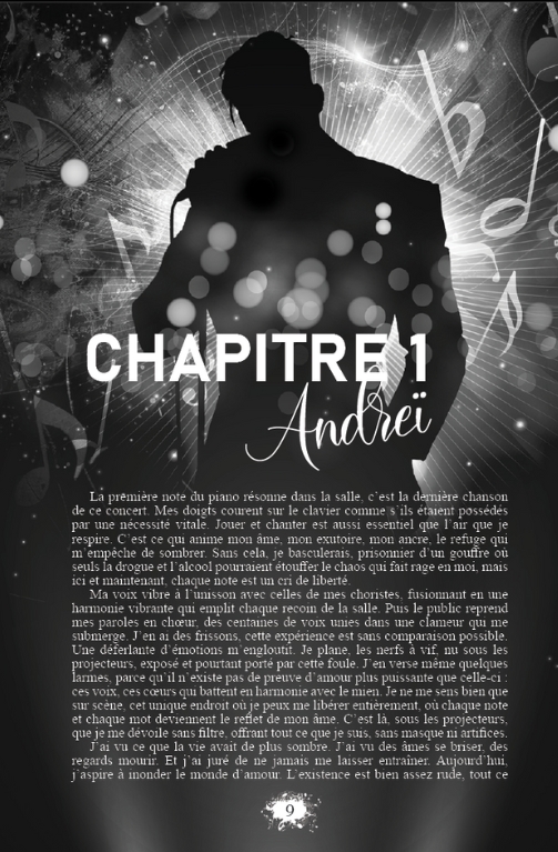 Exemple de mise en page immersive du roman “Perdus entre les notes” de Eden James avec une page de chapitre illustrée musique