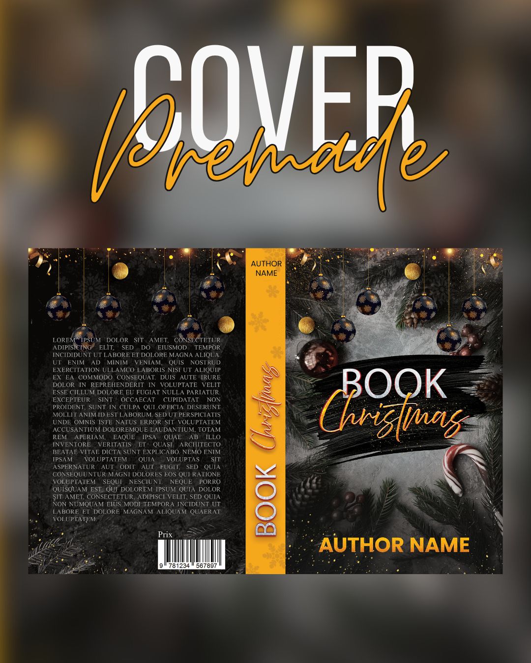 Couverture premade de Noël noir et or avec décorations et ambiance sombre, conçue par Digital Eclipse Studio.