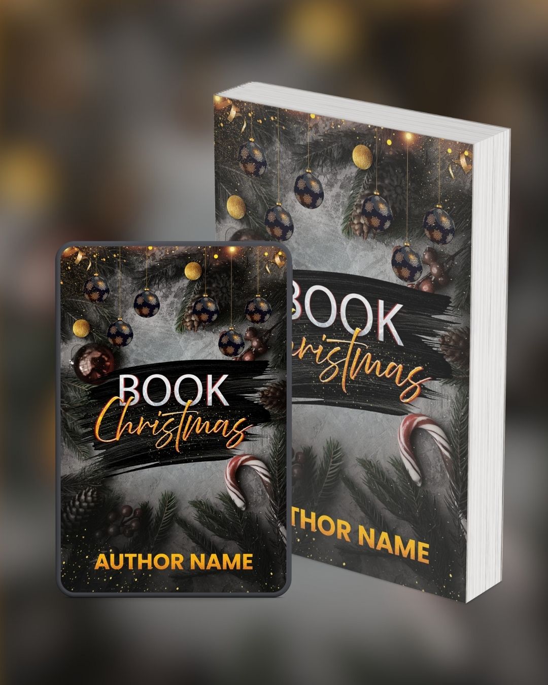 Mockup de couverture premade Noël noir et or en versions ebook et broché, design professionnel Digital Eclipse Studio.