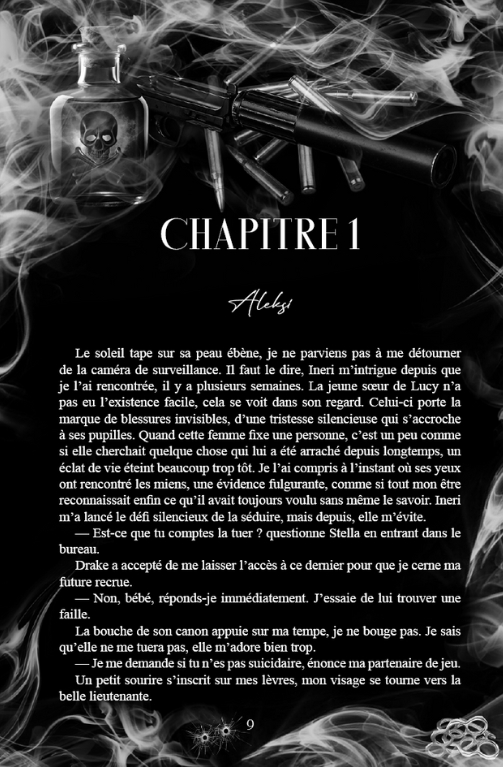 Mise en page immersive du roman « Kiss of the Death » – page de chapitre avec design sombre, fumée et ambiance dark romance.